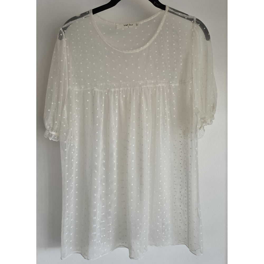 Wild Love Women Blouse XL White Polka Dot Short Sleeve Boho Top Shirt Sheer